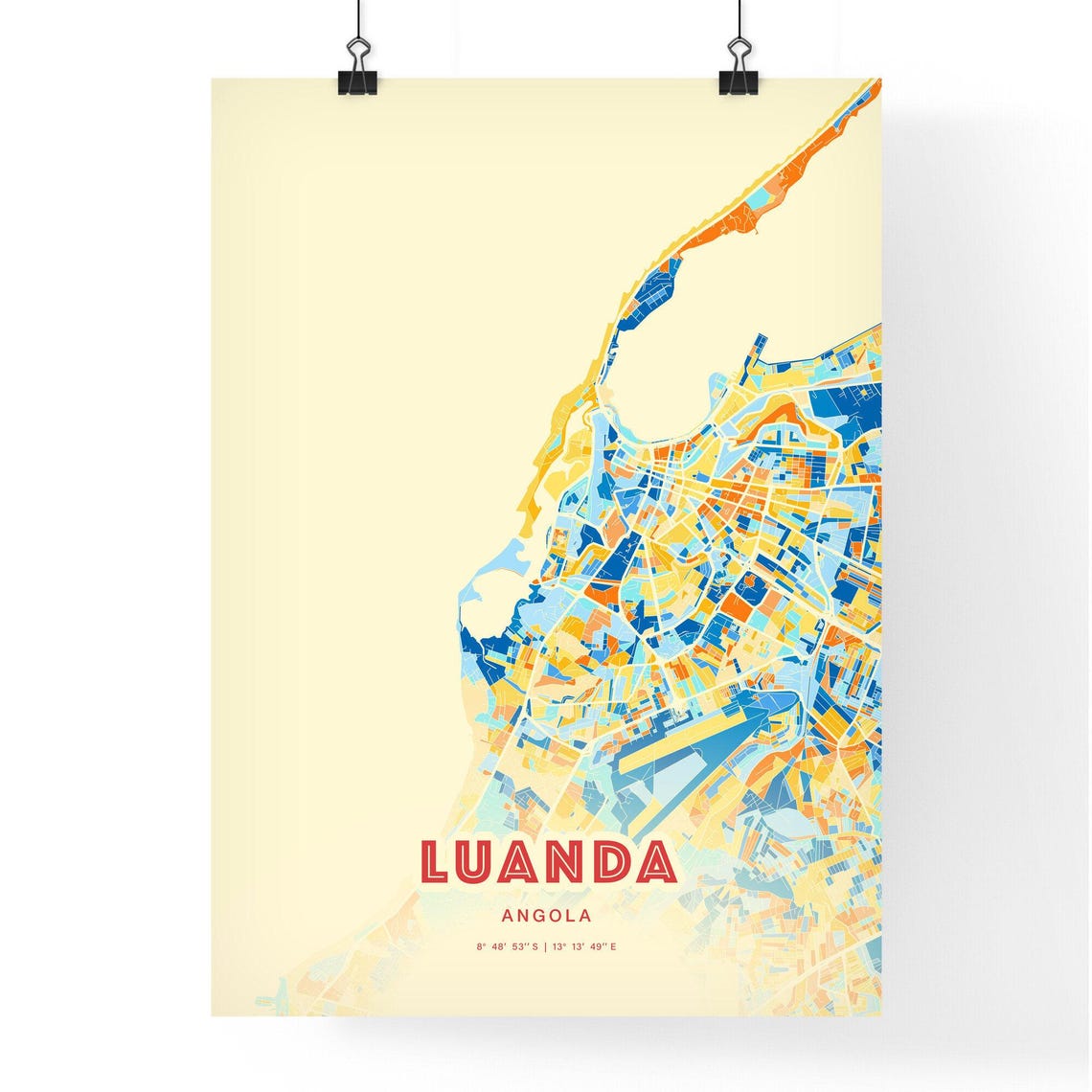 Luanda Angola Bold City Map Art Poster in Orange Blue and Cream - Image 3