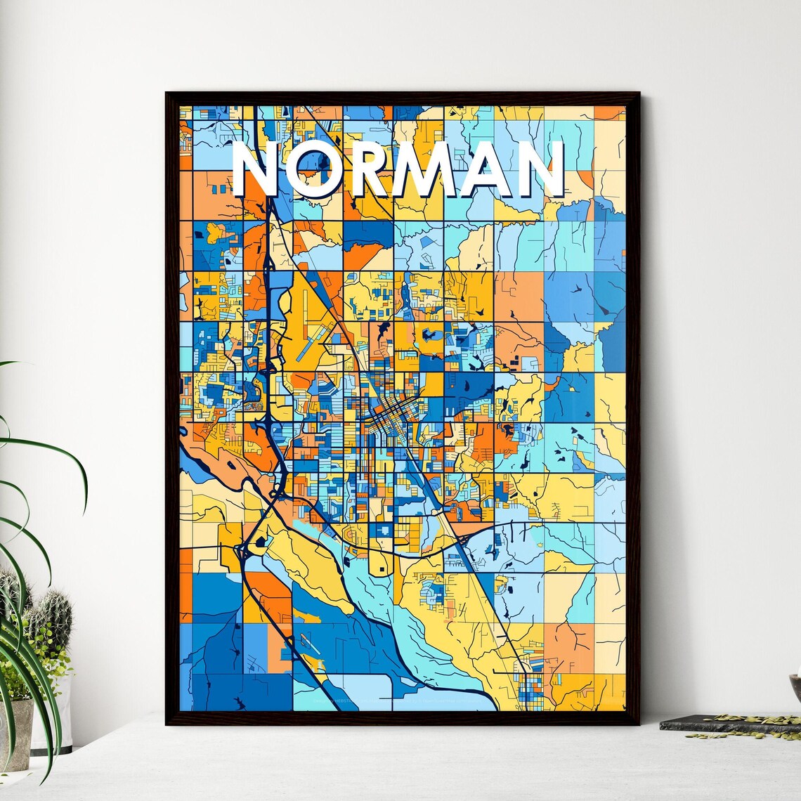 Norman Oklahoma Vibrant Stylized Blue and Orange City Map Poster