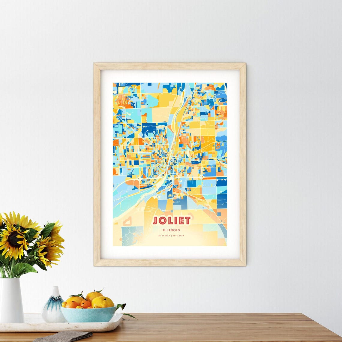 Joliet Illinois Blue Orange City Map With Coordinates Poster - Image 2