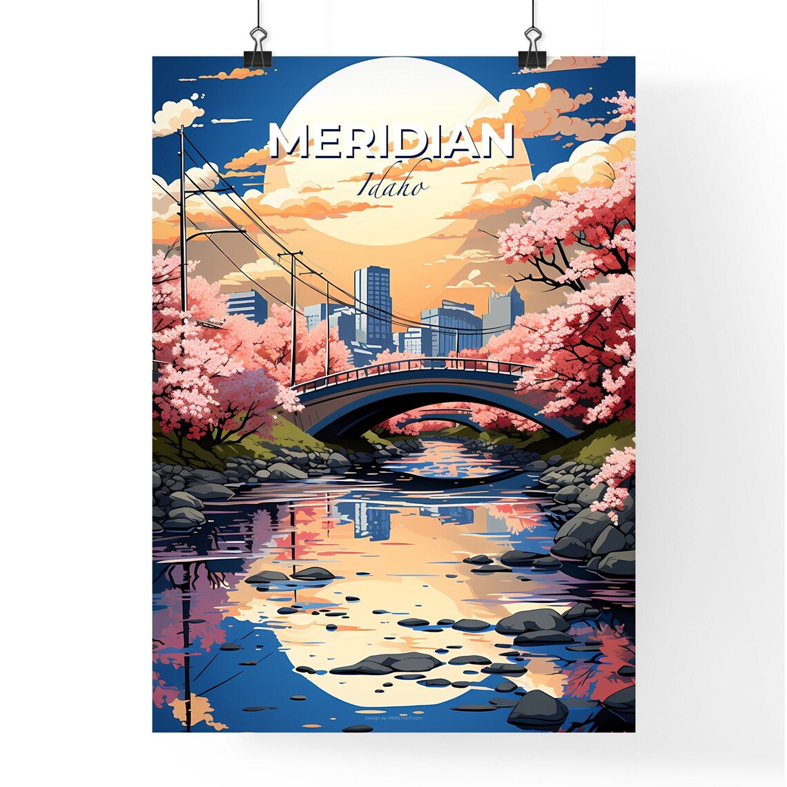 Meridian Idaho Cherry Blossom River Bridge Full Moon Art Poster - Image 4