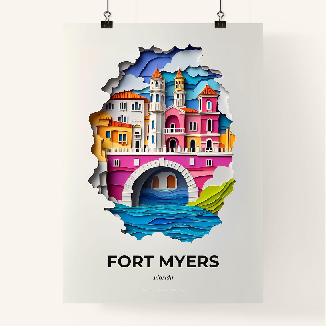 Fort Myers Florida Colorful Paper Cut Bridge over Water Poster - Image 4