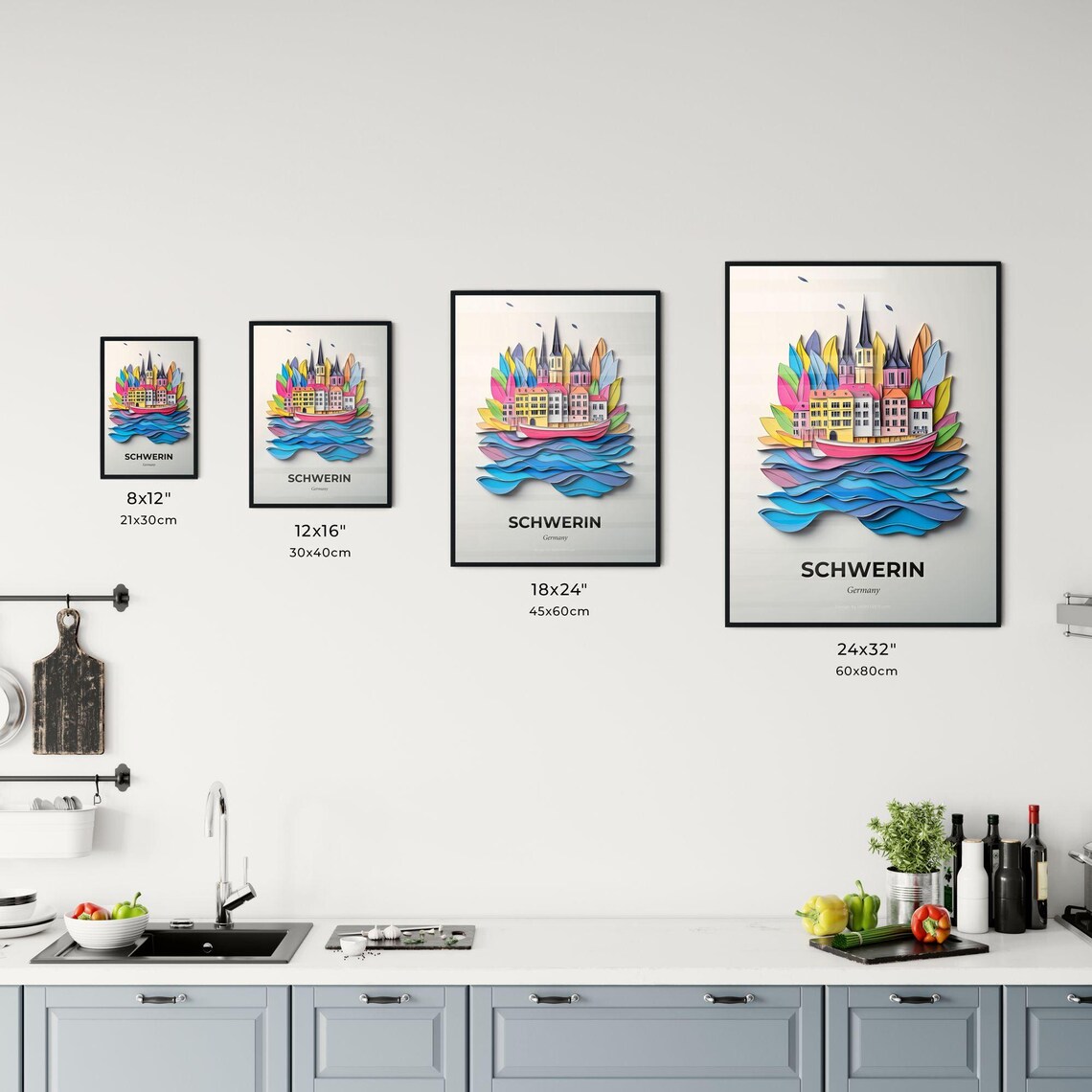 Schwerin Germany Cathedral Ship Waves Paper Cut City Art Poster - Image 3
