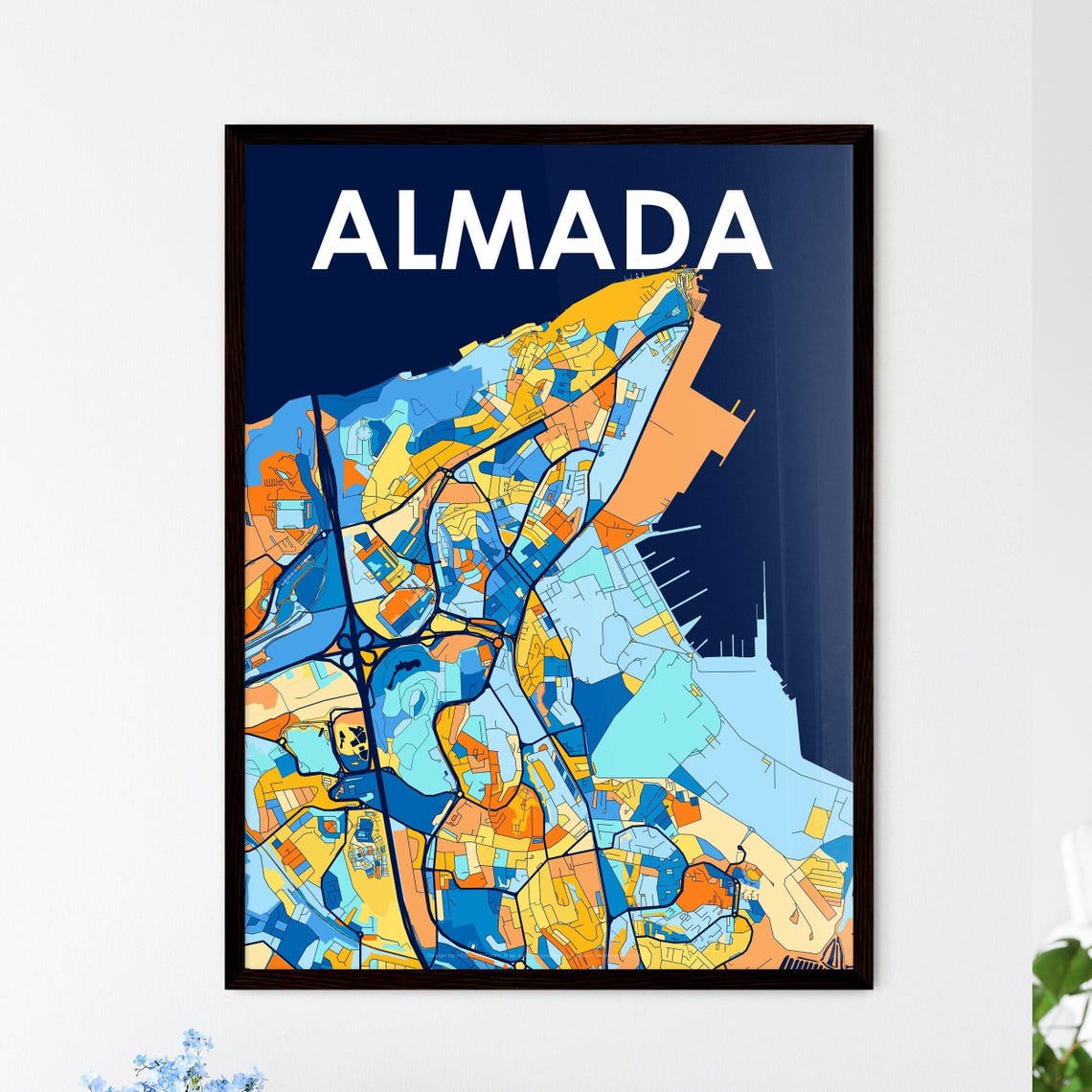 Almada Portugal Blue Orange Coastal City Map Art Poster for Walls