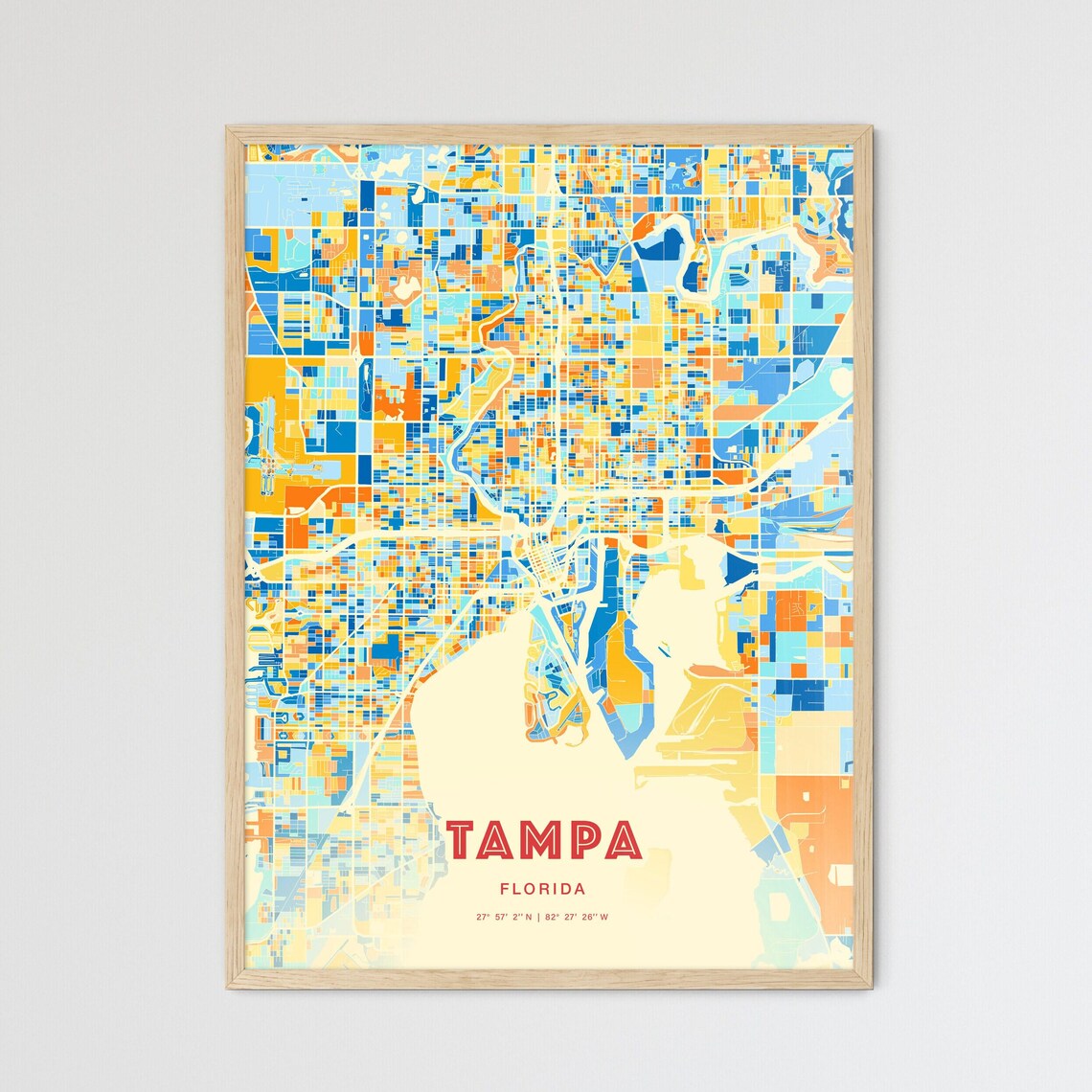 Tampa Florida Colorful Blue and Orange City Street Map Poster