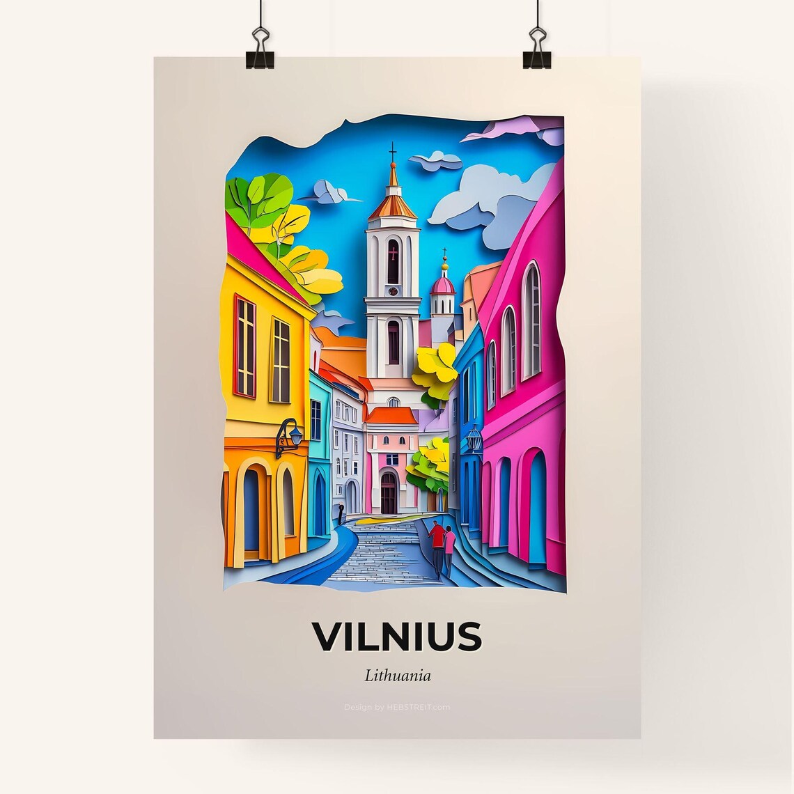 Vilnius Lithuania Colorful Paper Cut Old Town Street Travel Poster - Image 4