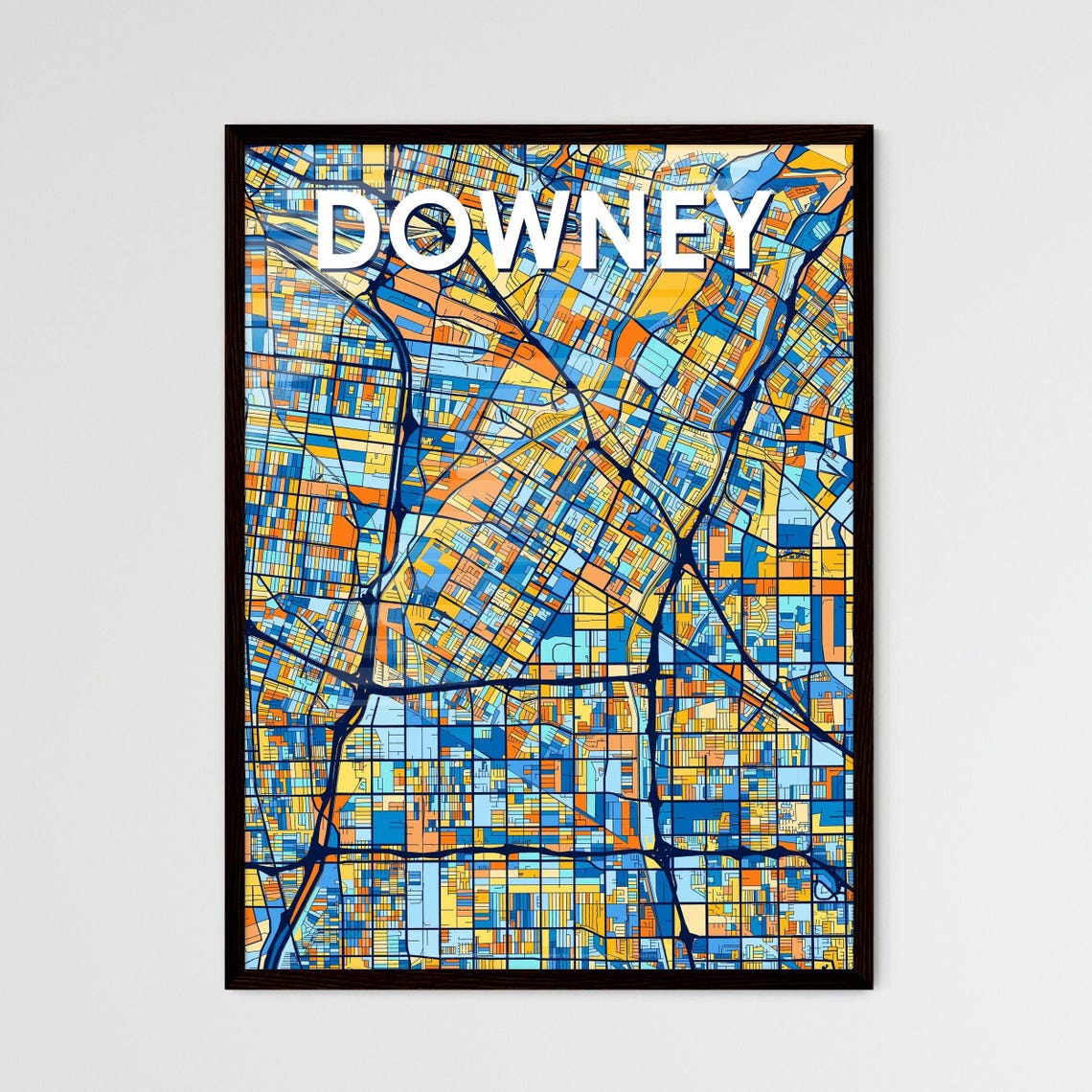 Downey California Colorful Blue Orange City Map Mosaic Poster