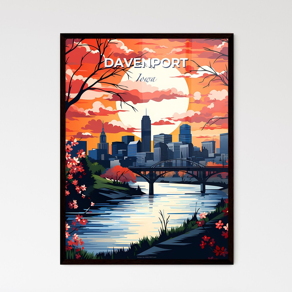 Davenport Iowa Mississippi River Bridge Sunset Skyline Travel Poster