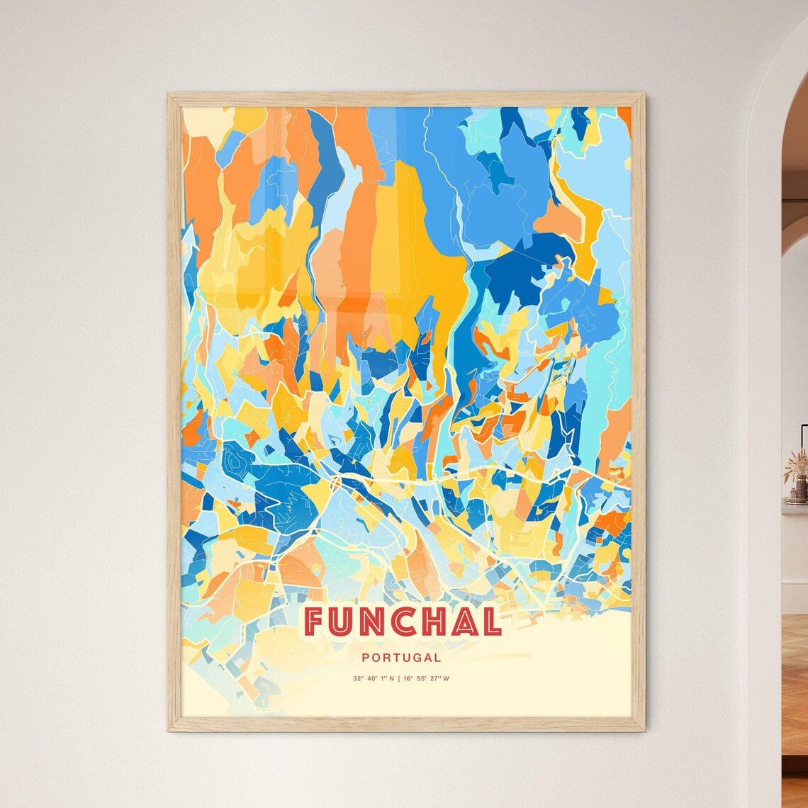 Funchal Portugal Blue Orange Island Hills City Map Art Poster