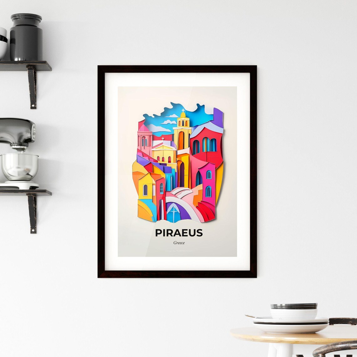 Piraeus Greece Colorful Paper Cut Church Town Travel Art Poster - Image 2