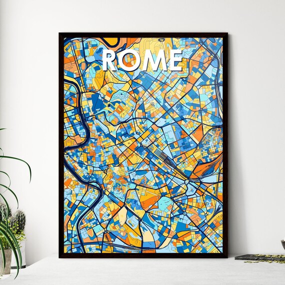 Rome Italy Vibrant Geometric City Map Art Poster in Blue and Orange