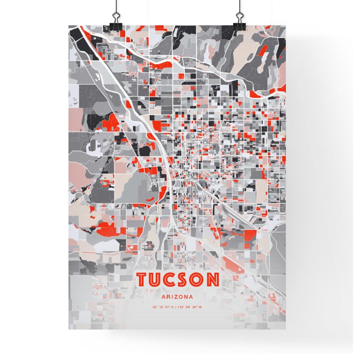 Tucson Arizona Expressive Red and Black City Map Artwork Poster - Image 3