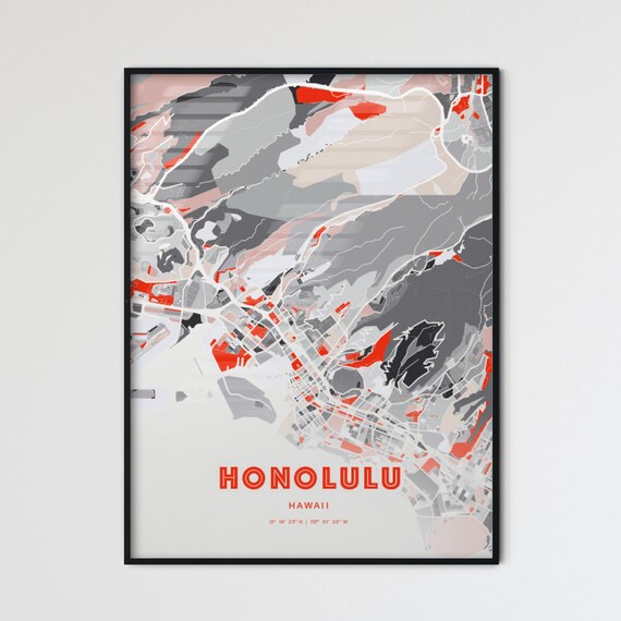Honolulu Hawaii Expressive Red Bold Modern City Map Art Poster