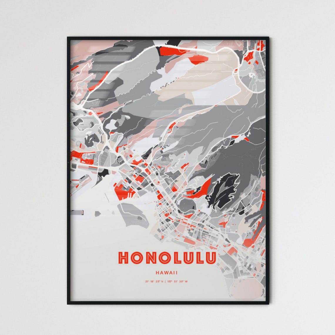 Honolulu Hawaii Expressive Red Bold Modern City Map Art Poster