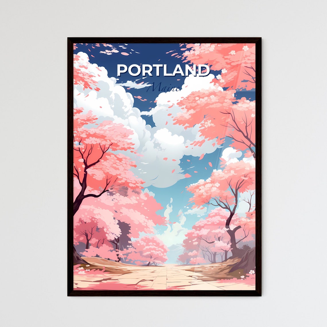 Portland Maine Cherry Blossom Path Spring Blue Sky Travel Poster