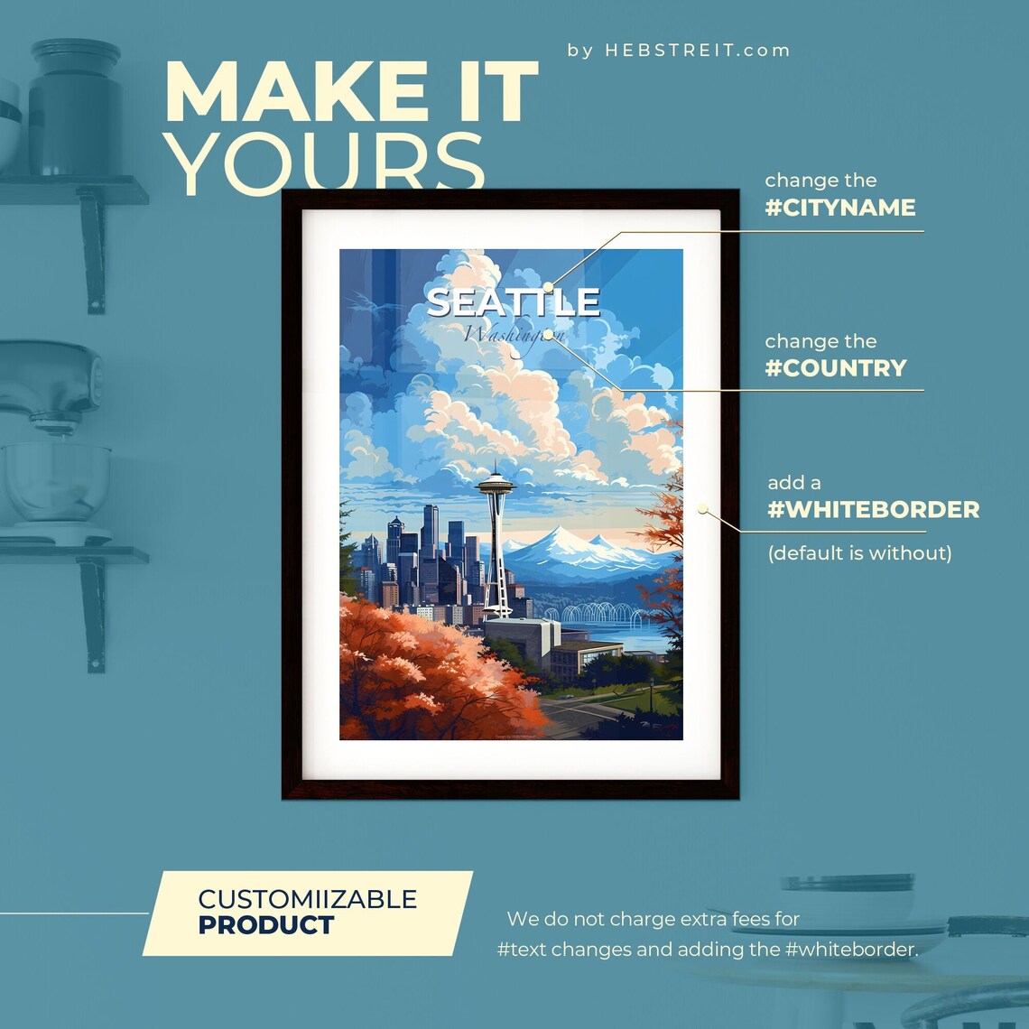 Seattle Washington Space Needle Autumn Illustrated Travel Poster - Image 2