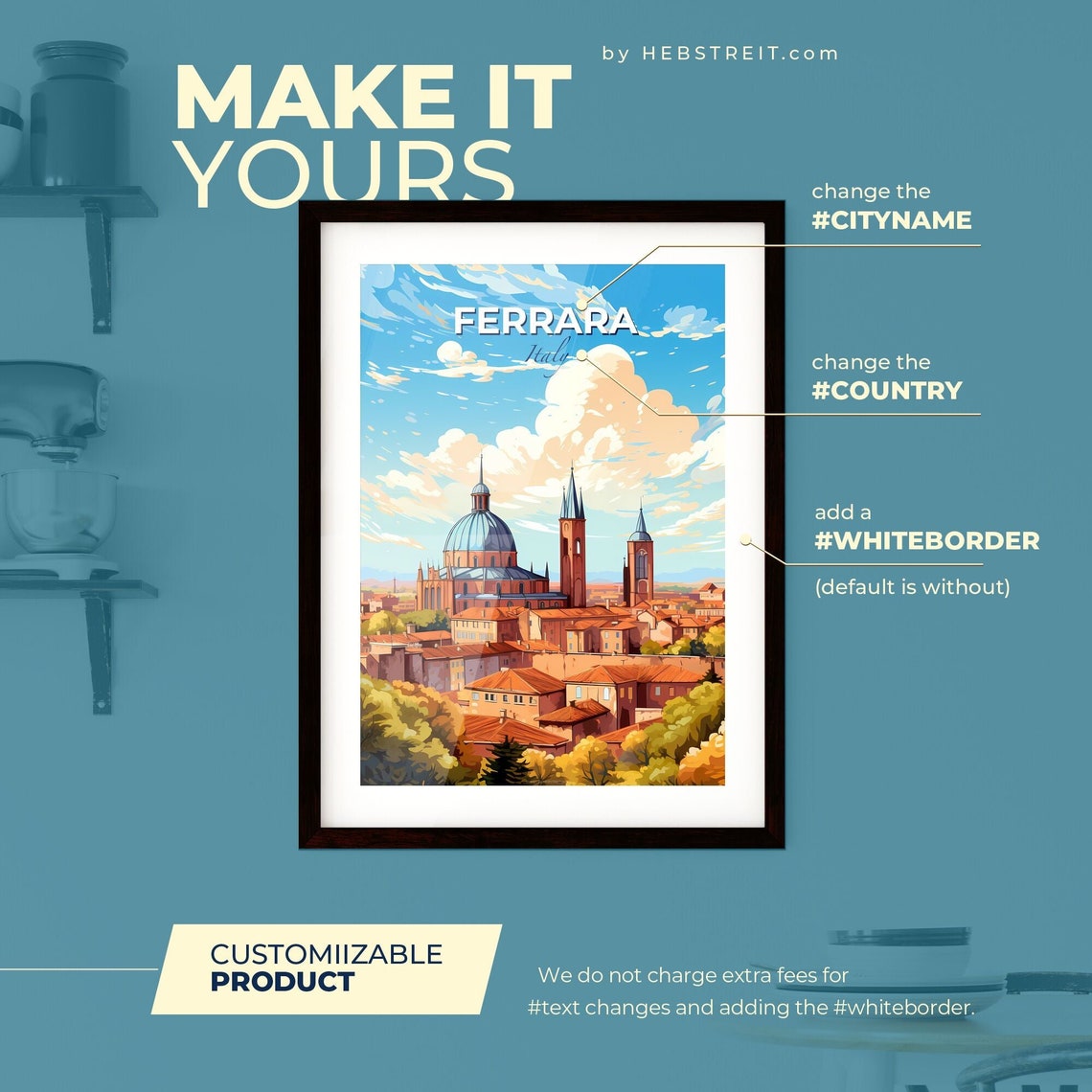 Ferrara Italy Cathedral Dome Red Roofs Colorful Travel Poster - Image 2
