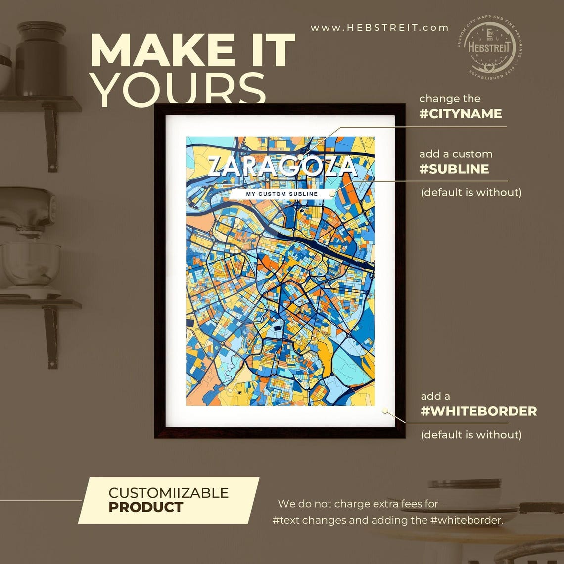 Zaragoza Spain Bold Geometric City Map Art Poster in Blue and Orange - Image 2