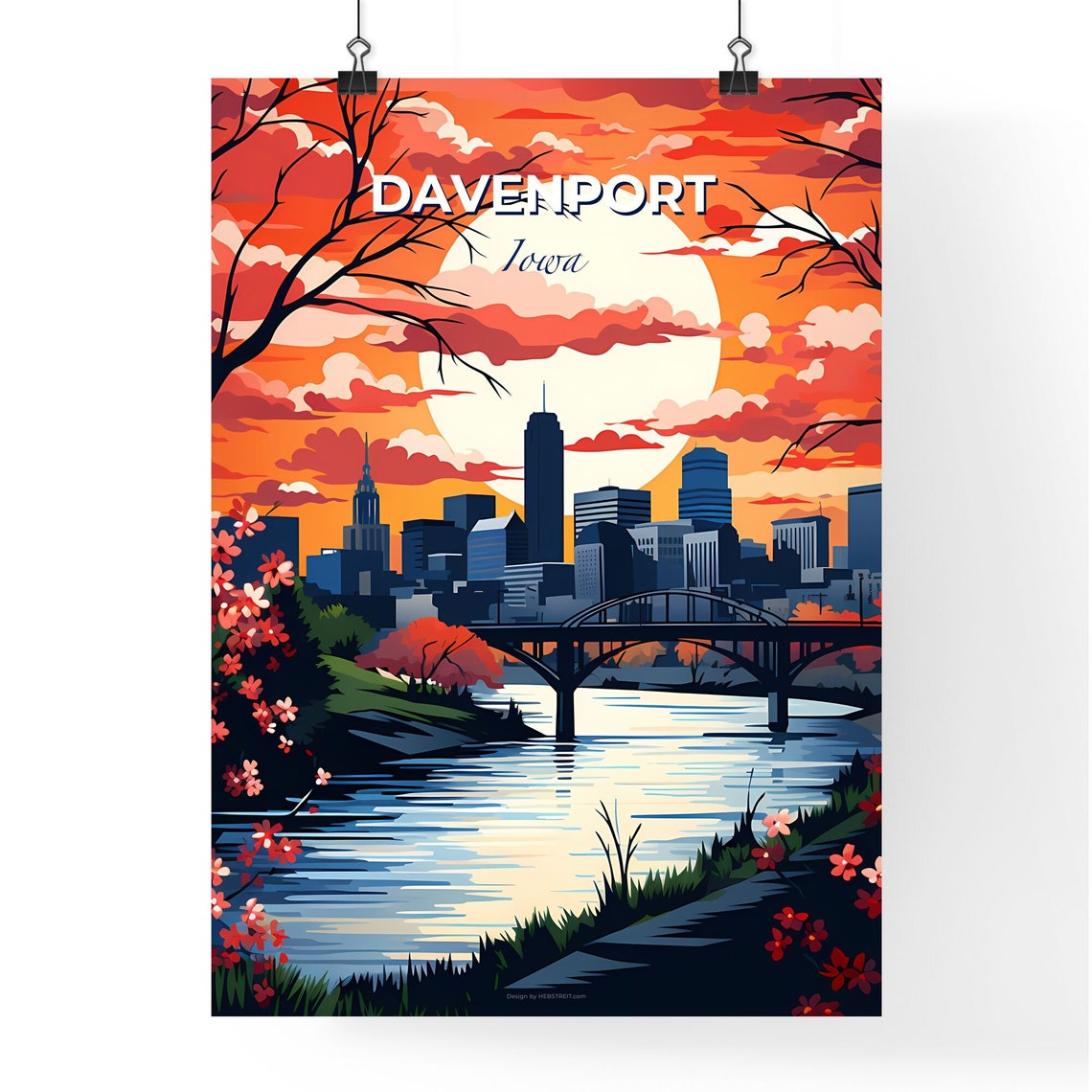 Davenport Iowa Mississippi River Bridge Sunset Skyline Travel Poster - Image 4