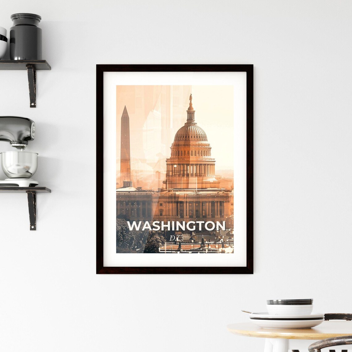 Washington DC Capitol and Monument Golden Historic Cityscape Poster - Image 2