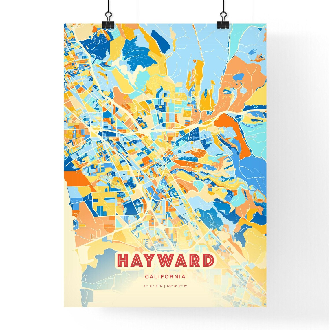 Hayward California Colorful Blue and Orange City Map Art Poster - Image 3