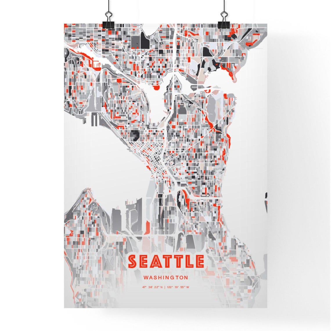 Seattle Washington Expressive Red and Black City Map Artwork Poster - Image 3