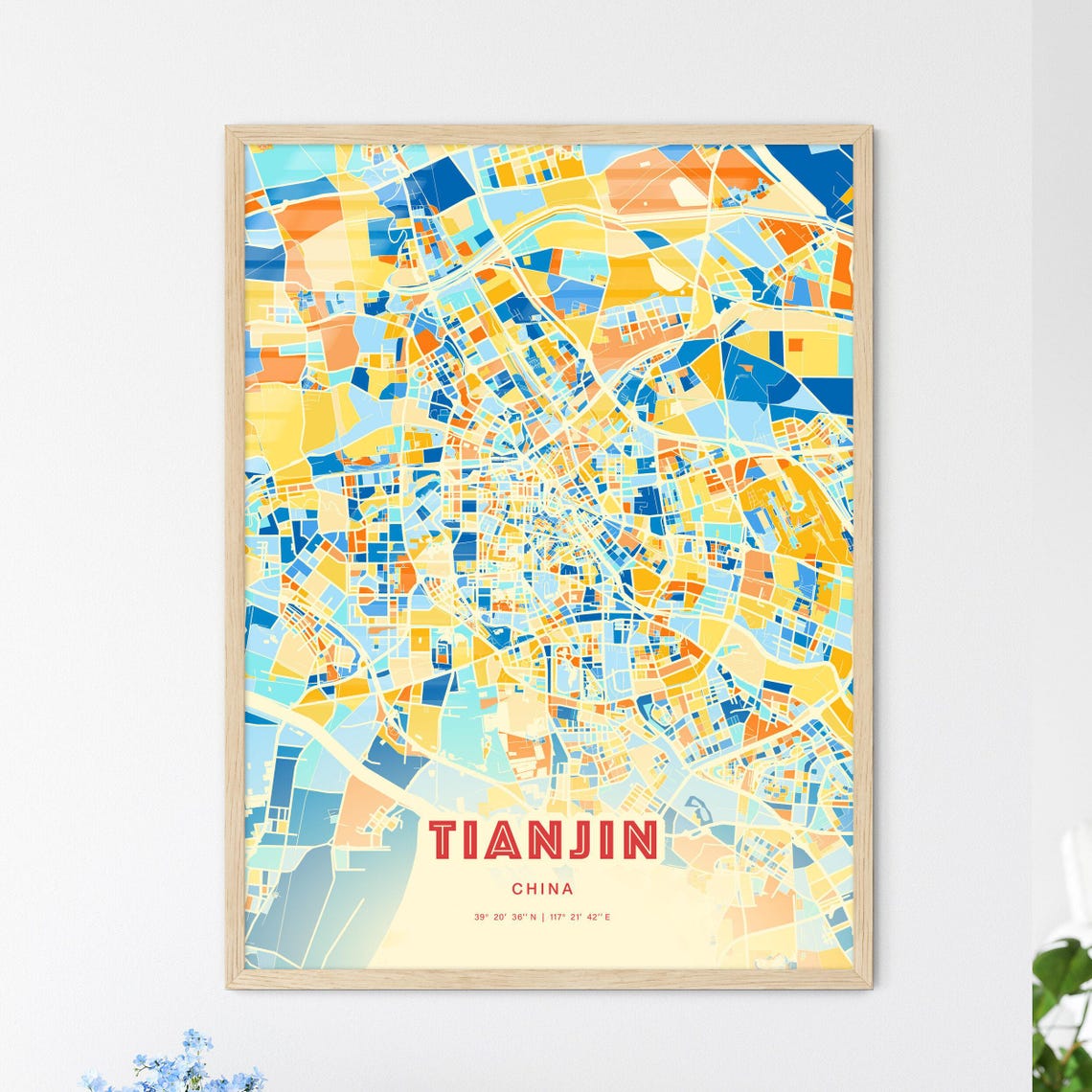 Tianjin China Blue Orange Modern City Street Map Gallery Poster