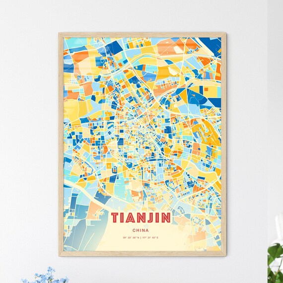 Tianjin China Blue Orange Modern City Street Map Gallery Poster