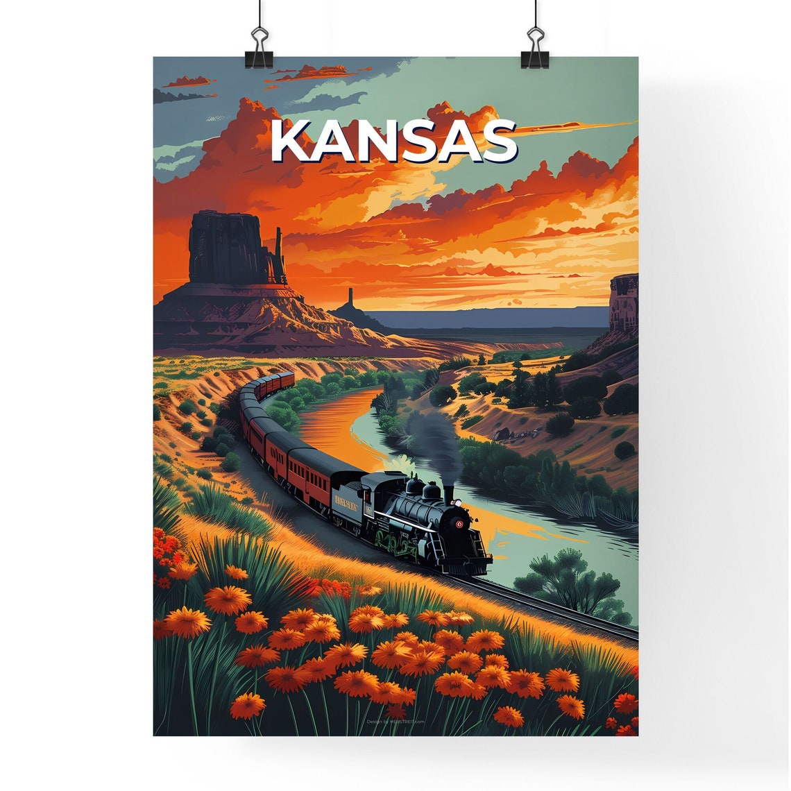 Kansas Steam Train Sunset River Valley Mesa Wildflower Poster - Image 4