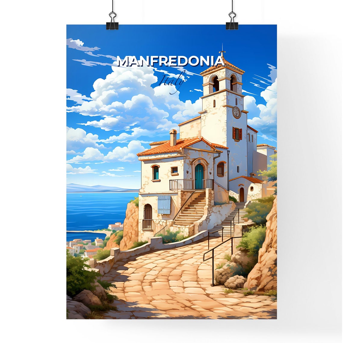 Manfredonia Italy Cliffside Church Bell Tower Over The Sea Poster - Image 4