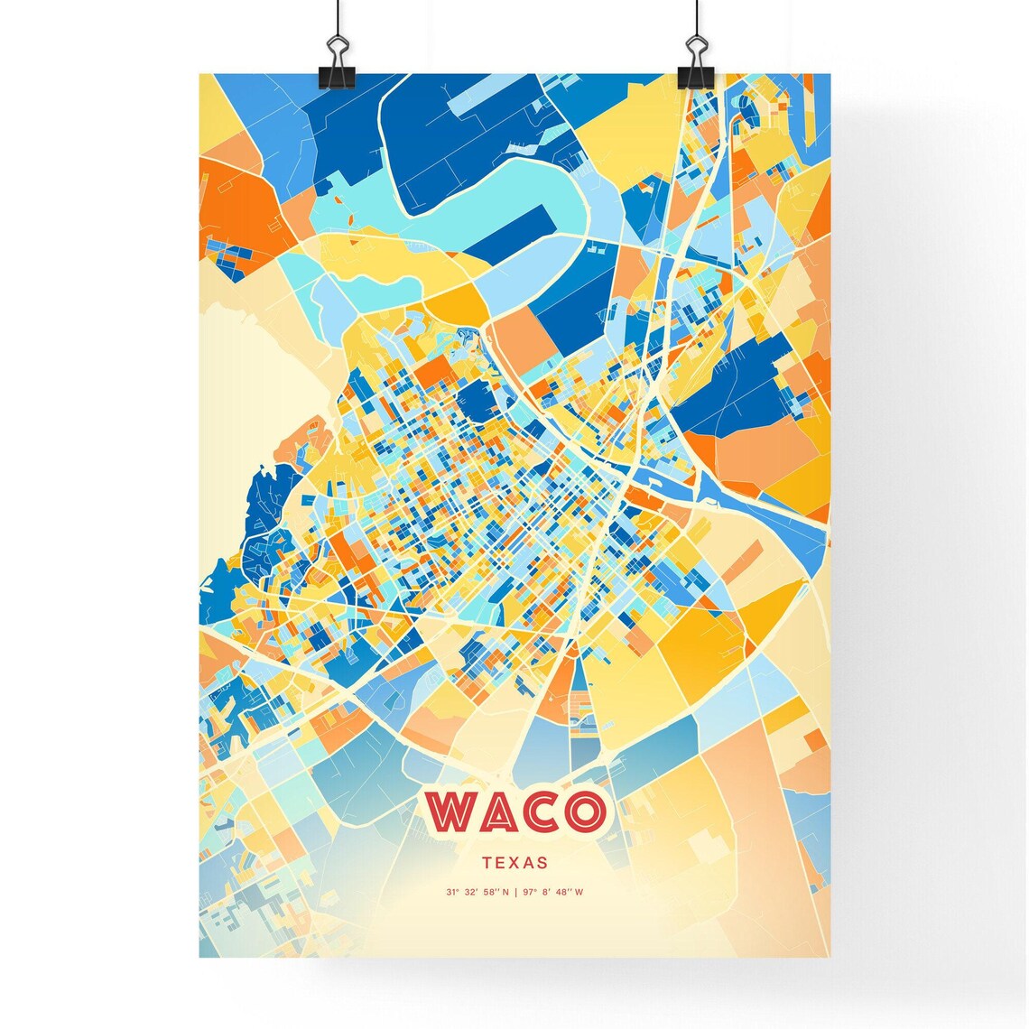 Waco Texas Blue Orange Colorful City Street Map Art Poster Gift - Image 3