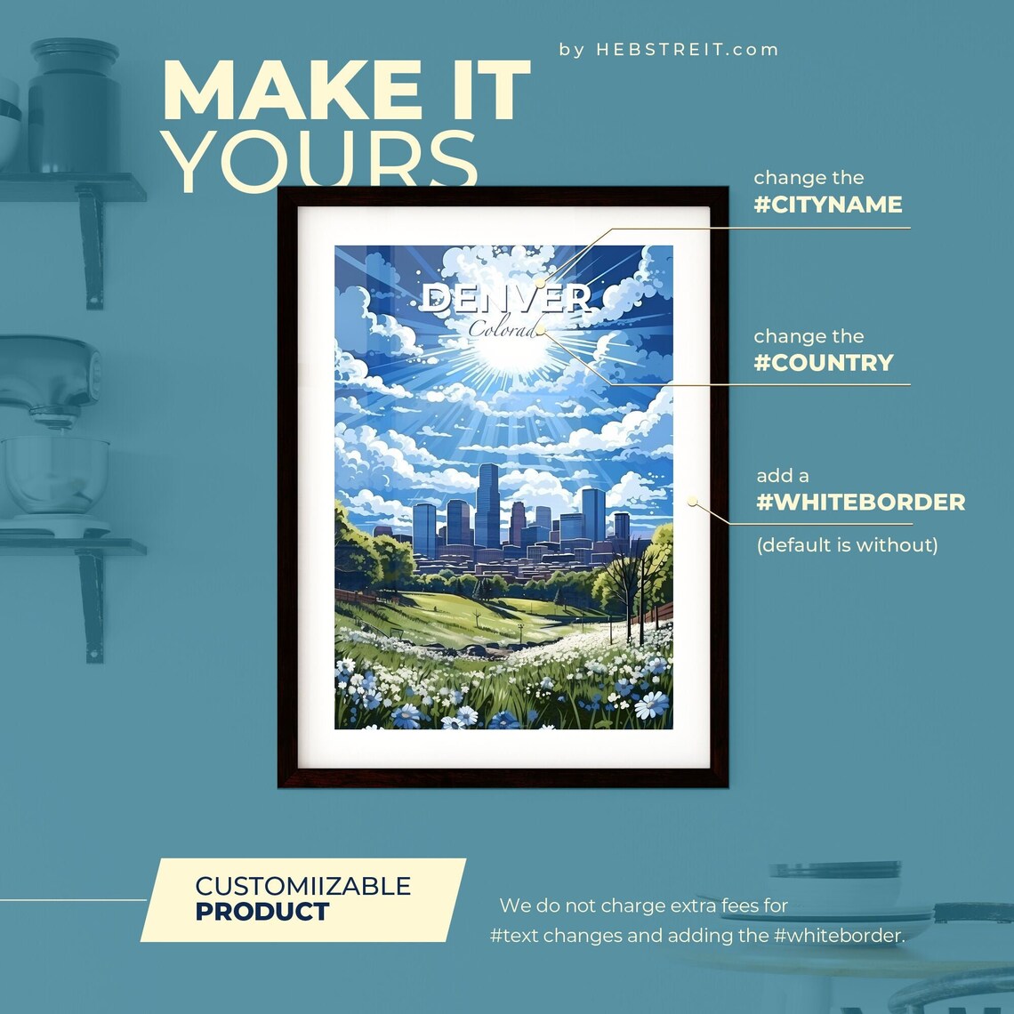 Denver Colorado Skyline Sunny Clouds Wildflower Meadow Cityscape Poster - Image 2