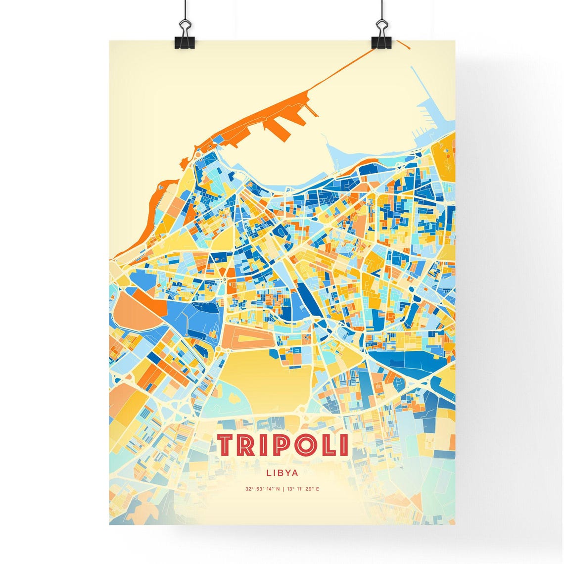 Tripoli Libya Blue Orange Mediterranean Harbor Map Art Poster - Image 3
