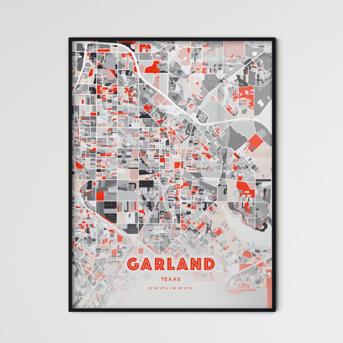 Garland Texas Expressive Red Abstract Modern City Map Art Poster