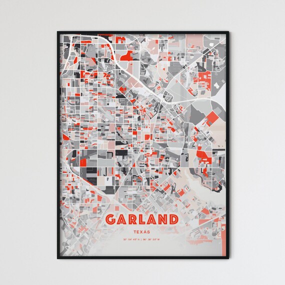 Garland Texas Expressive Red Abstract Modern City Map Art Poster