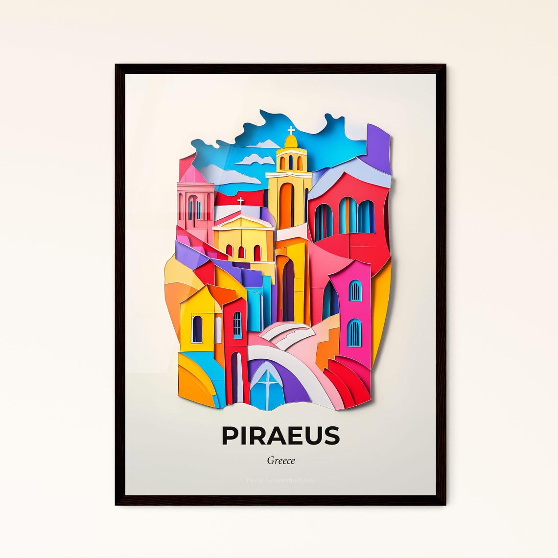 Piraeus Greece Colorful Paper Cut Church Town Travel Art Poster