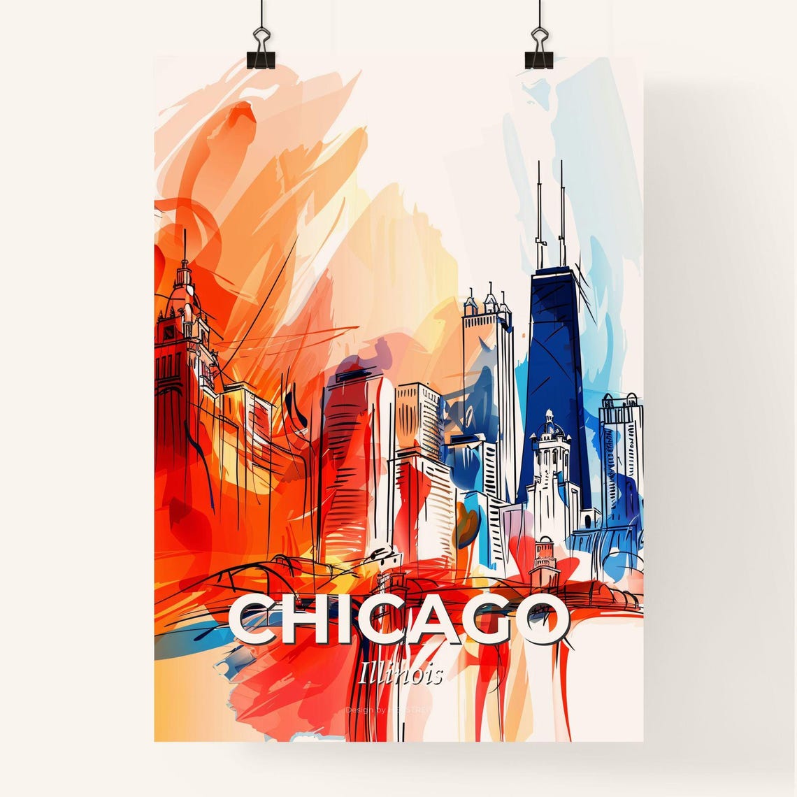 Chicago Illinois Abstract Skyline Vivid Fiery Towers Art Poster - Image 4