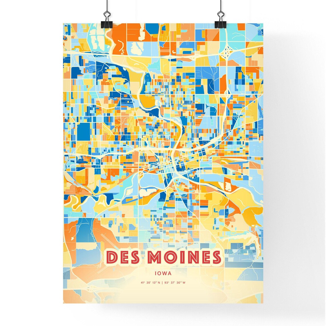 Des Moines Iowa Colorful Blue Orange City Street Map Coordinates Poster - Image 3