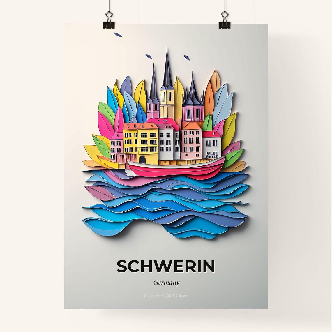 Schwerin Germany Cathedral Ship Waves Paper Cut City Art Poster - Image 4