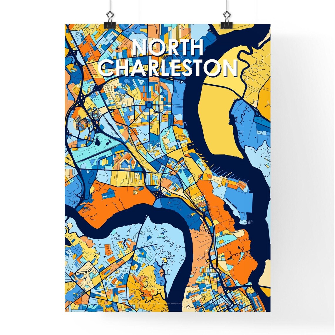 North Charleston South Carolina Bold Blue and Orange City Map Decor Poster - Image 4