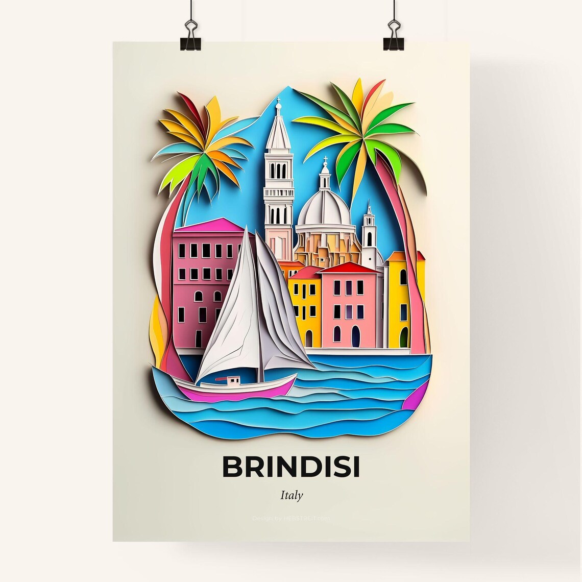 Brindisi Italy Colorful Paper Cut Sailboat and Church Poster - Image 4
