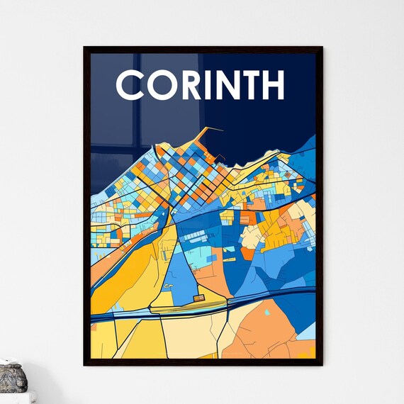 Corinth Greece Colorful Geometric City Map Art Poster in Blue and Orange