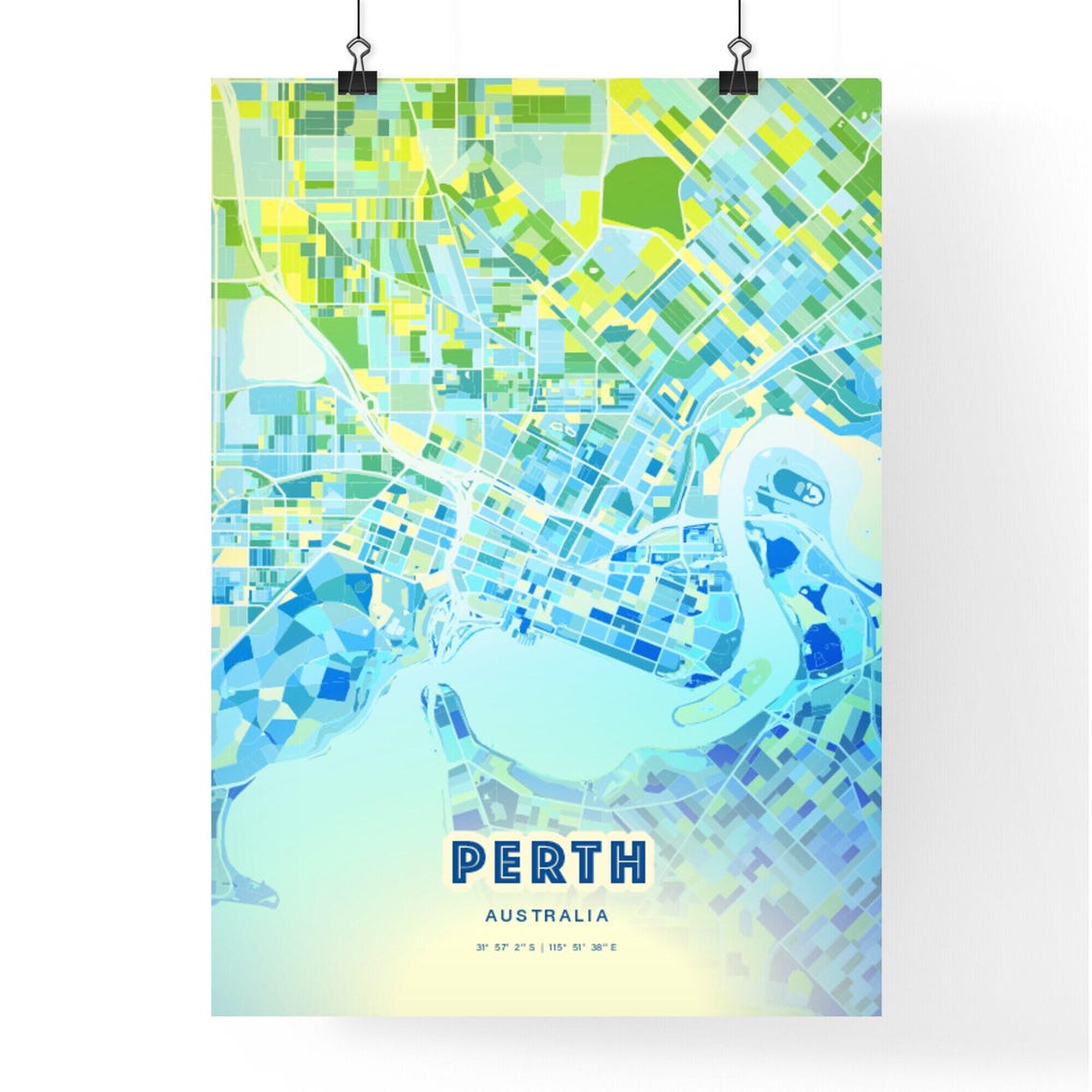 Perth Australia Pastel Blue City Map Art with Coordinates Poster - Image 3