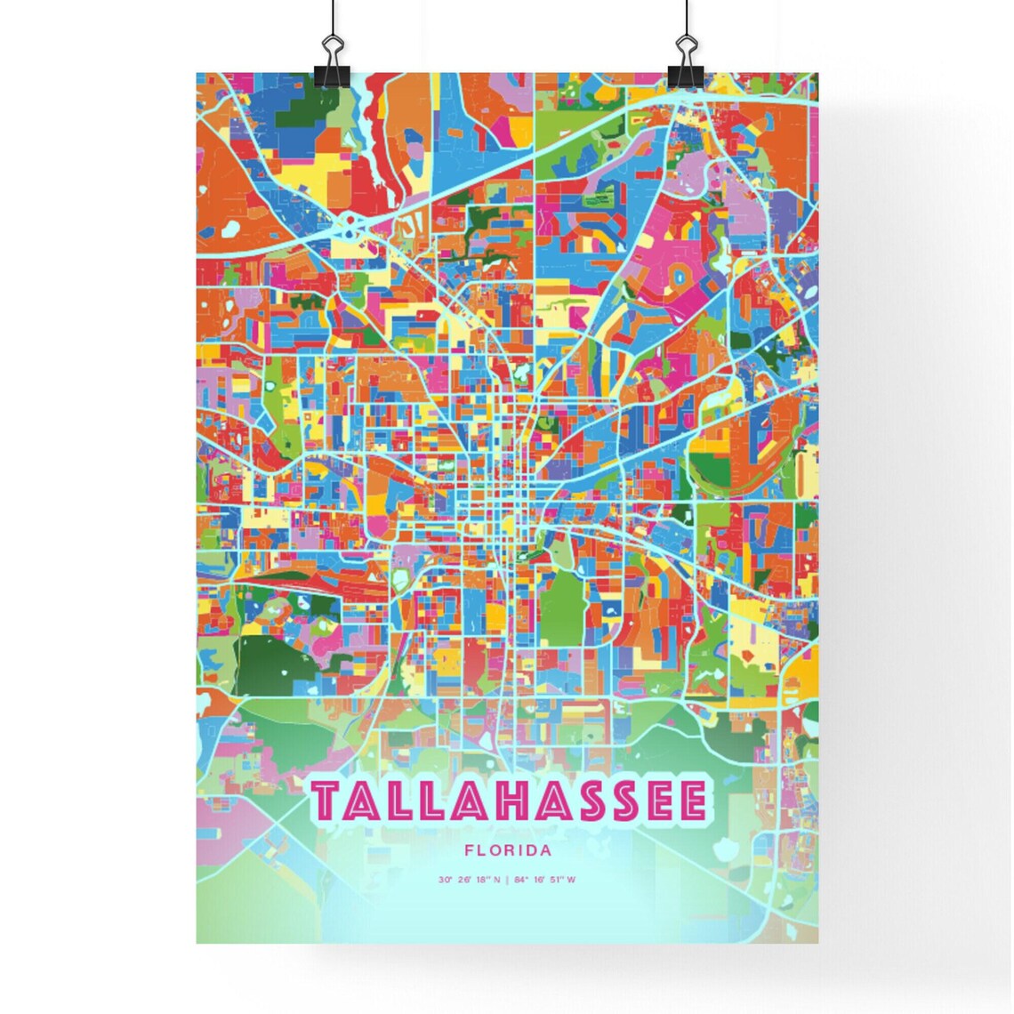 Tallahassee Florida Crazy Colorful Mosaic City Map Art Poster - Image 3