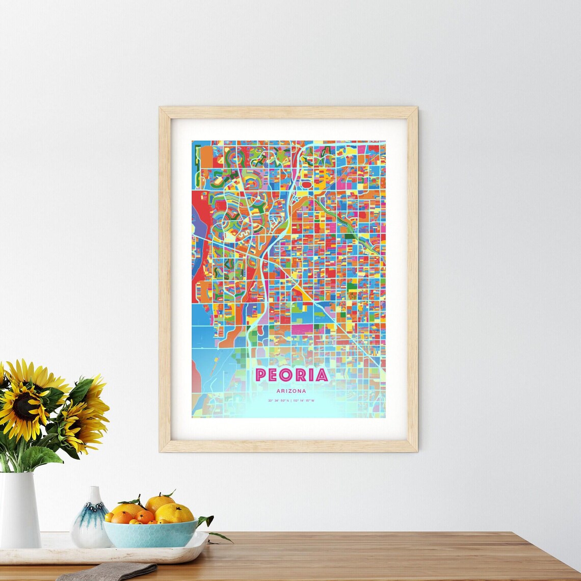 Peoria Arizona Vibrant Crazy Colorful Mosaic City Map Poster - Image 2
