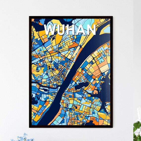 Wuhan China Blue Orange City Map Poster Bold Modern Street Grid Art