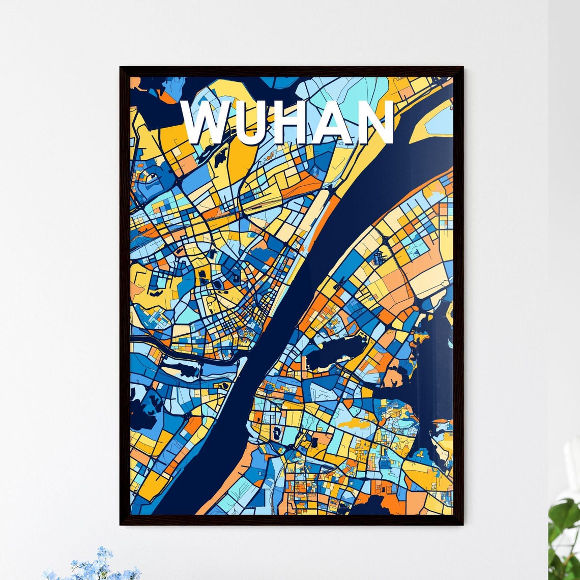 Wuhan China Blue Orange City Map Poster Bold Modern Street Grid Art