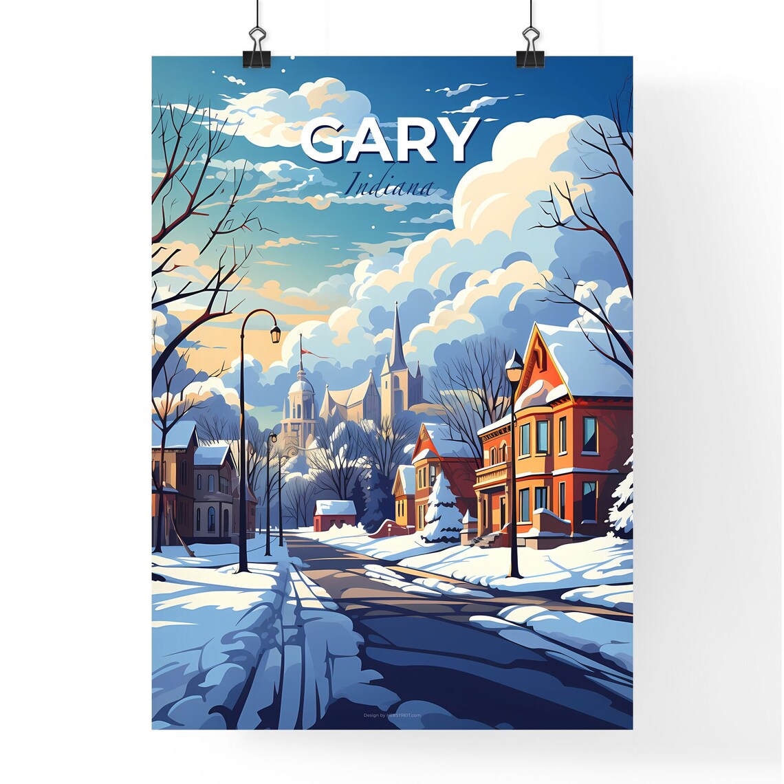 Gary Indiana Winter Street Travel Poster Snowy Homes Church City Art - Image 4