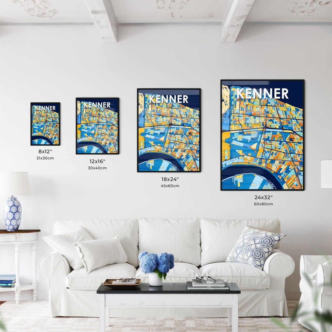 Kenner Louisiana Vibrant Stylized Blue and Orange City Map Poster - Image 3