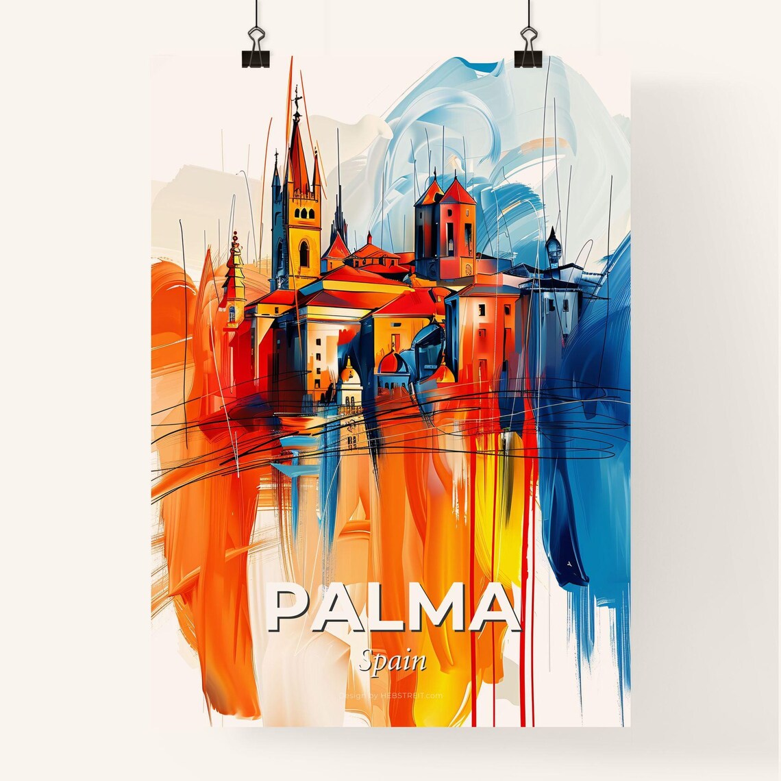 Palma Spain Colorful Abstract Cathedral Towers Skyline Art Poster - Image 4