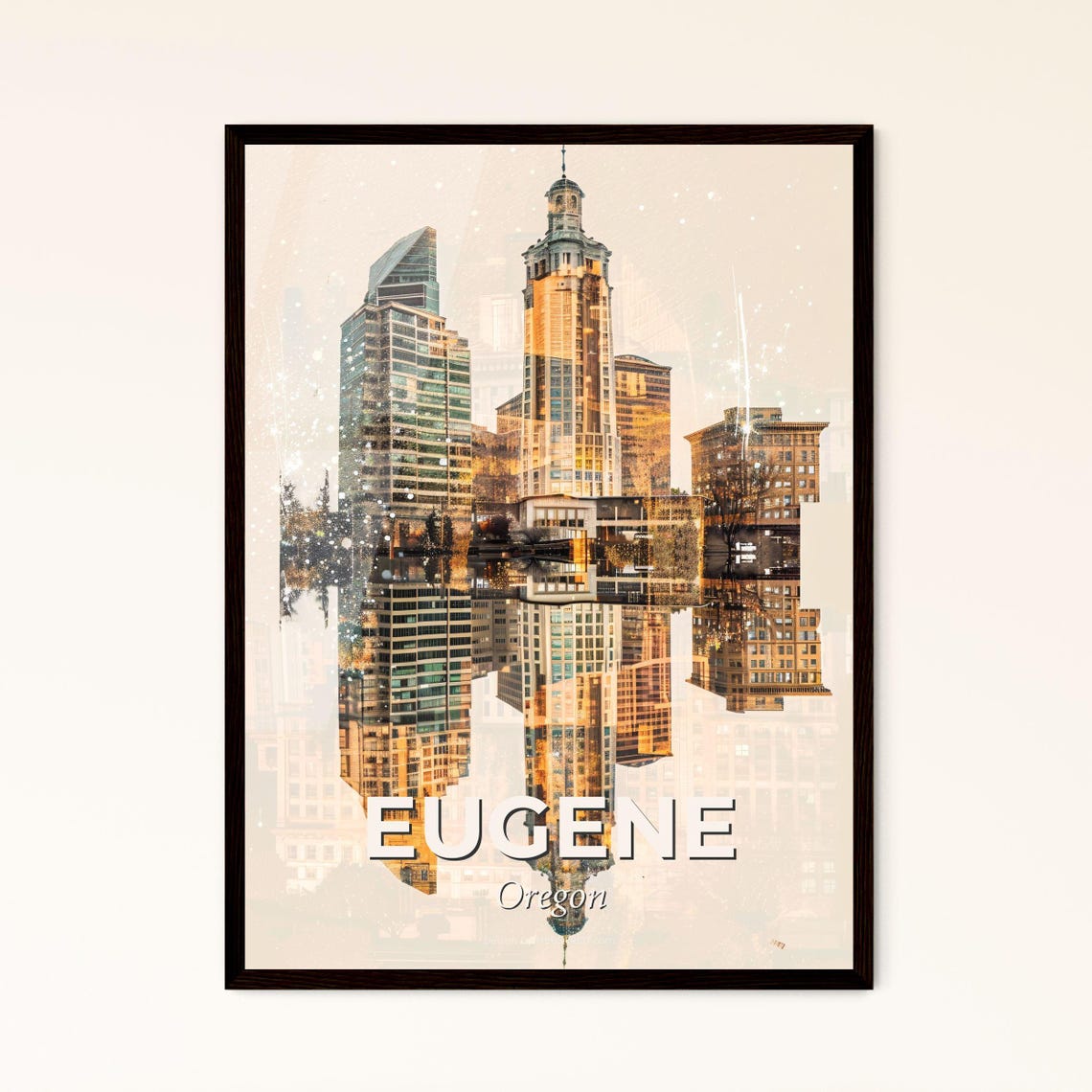Eugene Oregon Mirrored Skyline Golden Double Exposure Poster